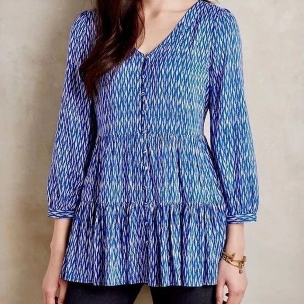 Maeve Anthropologie Tiered Tunic Top Blue Flowy Relaxed Ikat Coastal Boho M